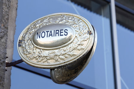 Bordeaux, Aquitaine / France - 08 10 2020: Notaire round golden logo and sign text symbol on notary french agency wall building officeのeditorial素材