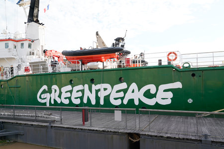 Bordeaux, Aquitaine / France - 08 16 2020: Greenpeace logo and text sign on green ship Arctic Sunriseのeditorial素材