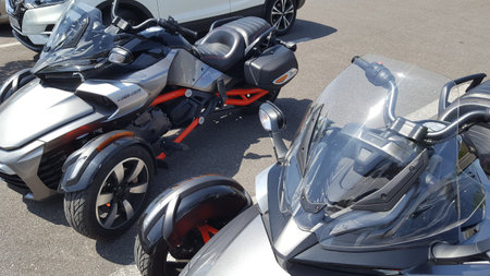 Bordeaux, Aquitaine / France - 08 16 2020: can am spyder f3 trike Roadster two gray model parked in street from brp manufacturerのeditorial素材