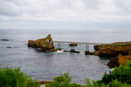 the Virgin Rock in atlantic ocean in Rocher de la Vierge in Biarritz city Franceの写真素材