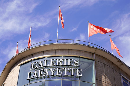 Bordeaux, Aquitaine / France - 08 25 2020: Galeries Lafayette sign and text logo on entrance...