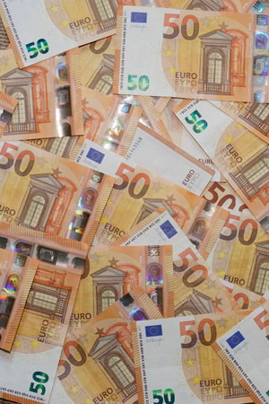Bordeaux, Aquitaine / France - 08 25 2020: 50 euro european money wallpaper Fifty banknotes seamless backgroundのeditorial素材
