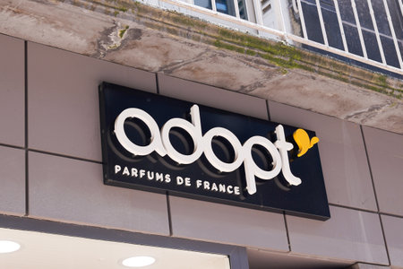 Bordeaux, Aquitaine / France - 09 23 2019: adopt sign text and logo front of shop French chain of cosmetics store adopt 'in franceのeditorial素材