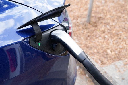 Bordeaux, Aquitaine / France - 09 01 2020: tesla charging of an electric car vehicle ve on official superchargerのeditorial素材