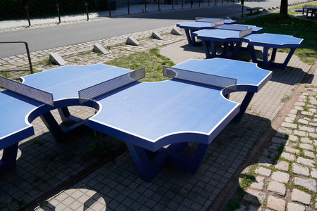 Nantes, Loire Atlantique / France - 09 01 2020: Ping Pong Park unique play area with a set of transforming terrains revisited ping-pong tablesのeditorial素材