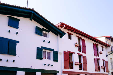 Bayonne city blue red white house in basque south-west of Franceの写真素材