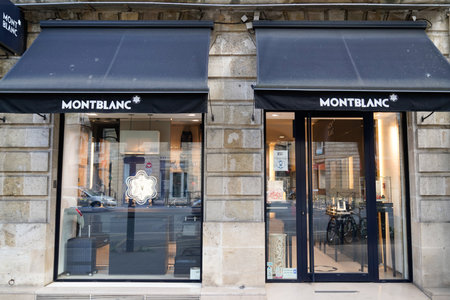 Bordeaux, Aquitaine / France - 09 01 2020: Montblanc logo and text sign front of building shop of German manufacturer of writing instruments watches jewelery and leather goodsのeditorial素材