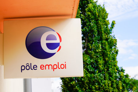 Bordeaux, Aquitaine / France - 09 01 2020: Pole emploi e blue sign and text logo front of official French governmental agency office building registers people unemployedのeditorial素材