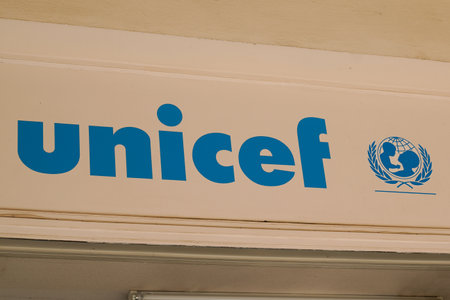 Bordeaux, Aquitaine / France - 09 15 2020: unicef sign text and logo front of office of international organization united Nations Children Foundationのeditorial素材
