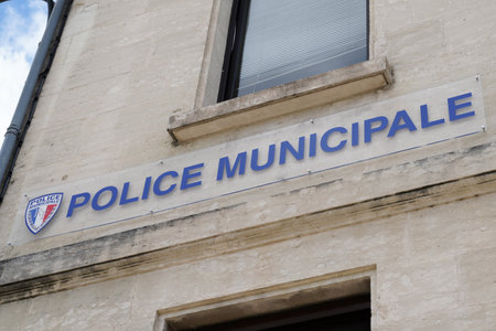 Bordeaux, Aquitaine / France - 09 15 2020: Municipal police logo and sign front of office building in Franceのeditorial素材