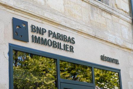 Bordeaux, Aquitaine / France - 09 20 2020: BNP Paribas immobilier residentiel logo and text sign front of french paris bank office specialized in reality estateのeditorial素材