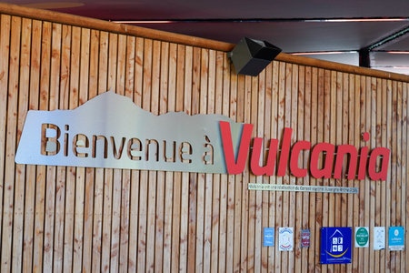 Saint-Ours, Puy-de-DÃ´me / France - 09 01 2020: Vulcania entrance with welcome french sign in European Park of Volcanism of educational amusement parkのeditorial素材
