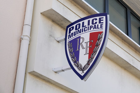 Bordeaux, Aquitaine / France - 09 25 2020: Municipal police emblem logo and text sign front of France police municipale office in french cityのeditorial素材