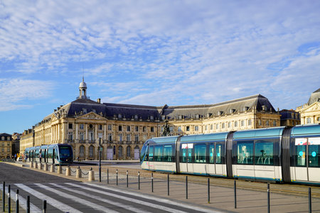 Bordeaux, Aquitaine / France - 09 25 2020: Modern city tramway electric on city center street of Bordeaux Franceのeditorial素材