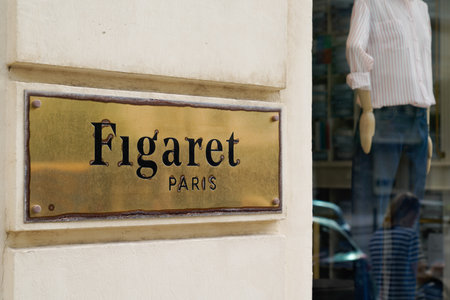 Bordeaux, Aquitaine / France - 09 25 2020: Figaret Paris logo and text sign on copper plate at the store entrance for high standard shirts for men and women shopのeditorial素材