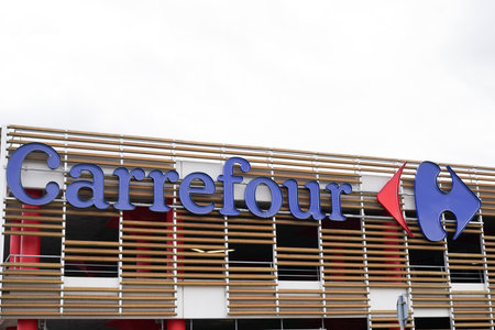 Bordeaux, Aquitaine / France - 09 25 2020: Carrefour sign text and logo front of french shop supermarket at entrance store hypermarketのeditorial素材