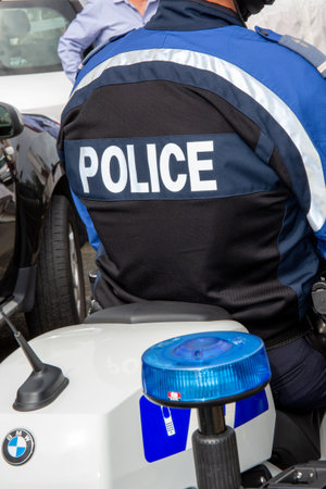 Bordeaux, Aquitaine / France - 10 01 2020: police sign text on back man french policeman motorcyclist in franceのeditorial素材