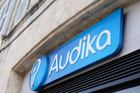 Bordeaux, Aquitaine / France - 10 10 2020: Audika logo and text sign front of medical store hearing aid distribution shop companyのeditorial素材
