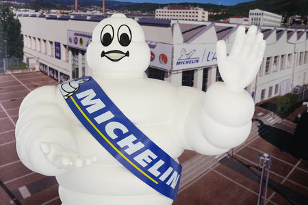 Clermont-Ferrand, Auvergne / France - 09 01 2020: michelin bibendum logo and text sign front of...