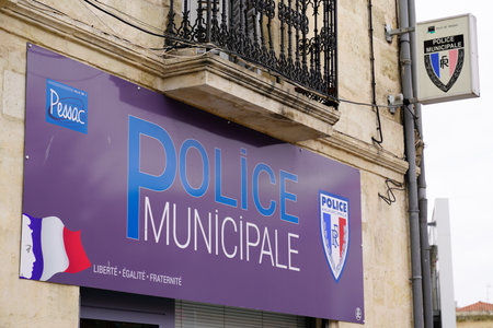 pessac, Aquitaine / France - 10 10 2020: police municipale means in french Municipal police sign of pessac local police under authority of city Mayorのeditorial素材