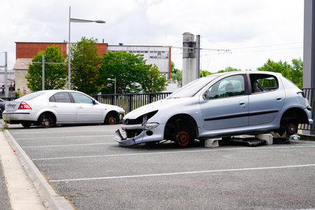Bordeaux, Aquitaine / France - 16 10 2020: peugeot 206 and Ford mondeo stealing car stolen without wheels parked in streetのeditorial素材