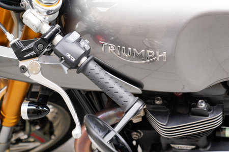 Bordeaux , Aquitaine / France - 06 01 2020 : Triumph logo sign on silver grey bonneville thruxton...