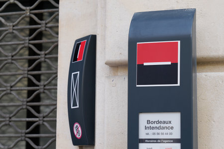 Bordeaux, Aquitaine / France - 11 01 2020: societe generale french brand bank logo and text sign on wall agencyのeditorial素材