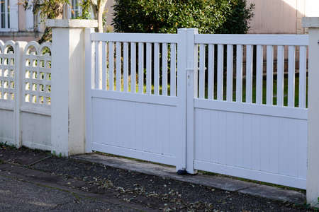 Aluminum white classical design metal gate of suburb house steel doorの写真素材