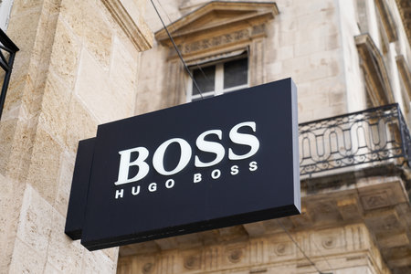 Bordeaux, Aquitaine / France - 11 11 2020: Hugo Boss logo text and sign front of store clothing German luxury fashion style houseのeditorial素材