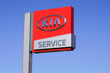 Bordeaux, Aquitaine / France - 11 11 2020: Kia service car logo and text sign of dealership of...