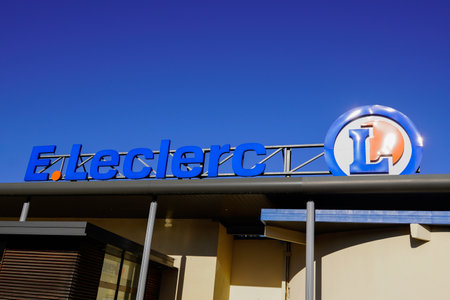 Bordeaux, Aquitaine / France - 11 11 2020: E.Leclerc logo and text sign front of hypermarket leclerc store outdoorのeditorial素材