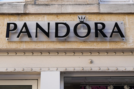 Bordeaux, Aquitaine France - 11 21 2020: Pandora logo and text sign front of jewelery shop facade of...