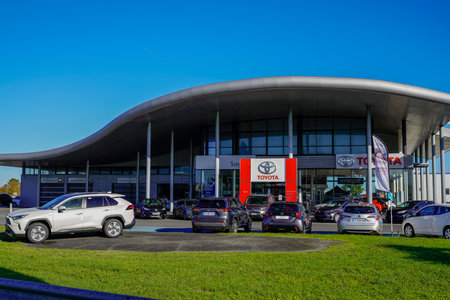 Bordeaux, Aquitaine France - 11 21 2020: Toyota car text sign and logo front of Automobile store Dealership japan Exterior shopのeditorial素材