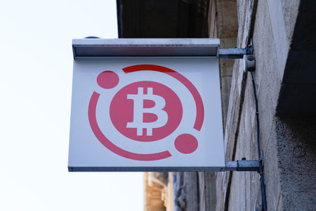 Bordeaux, Aquitaine France - 12 01 2020: bitcoin logo and b sign on agency cyber currency counter...