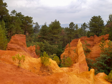 Roussillon natural park with red rocks in Luberon Provence Franceの写真素材