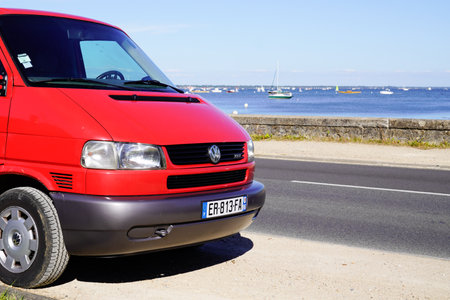 Bordeaux, Aquitaine France - 12 28 2020: volkswagen red type 4 t4 Camper Van Bulli westfalia van parked in sea side coastのeditorial素材