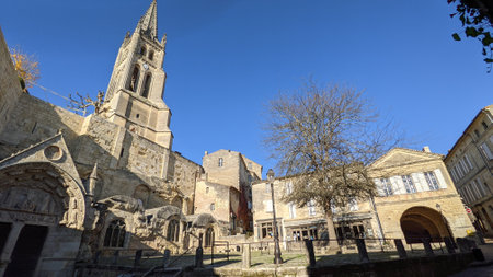 saint-emilion, Aquitaine France - 12 28 2020: saint-emilion church view of wine prestigious unesco...