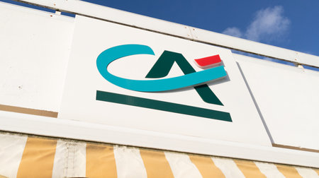 Bordeaux, Aquitaine France - 12 28 2020: ca green sign letters and red logo of Credit Agricole french bank on facade agency officeのeditorial素材