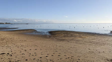 atlantic coast in Arcachon bay low tide beach with sea sandy horizon view from Andernos-les-Bains...