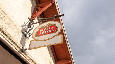 Bordeaux, Aquitaine France - 01 05 2021: Stella Artois beer brewery restaurant sign text and brand logo on pub bar Belgianのeditorial素材
