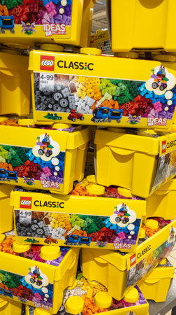 Bordeaux, Aquitaine France - 01 18 2021: Lego stacked boxes plastic toy brand in Imagination Center...