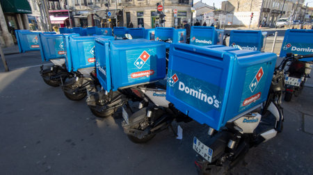 Bordeaux, Aquitaine France - 01 18 2021: Dominos pizza brand logo and text sign on top case...