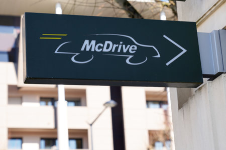 Bordeaux, Aquitaine France - 01 18 2021: McDonald's McDrive drive logo brand and text sign service of American hamburger fast food restaurant chain McDonaldsのeditorial素材