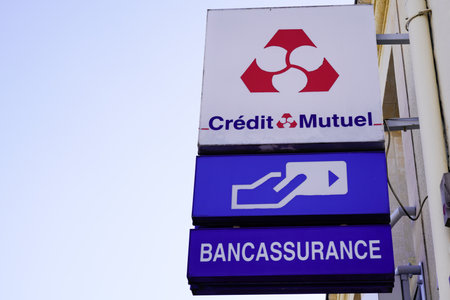 Bordeaux, Aquitaine France - 01 18 2021: credit mutuel french bank insurance text logo and brand sign atm office front signage on building facade in streetのeditorial素材