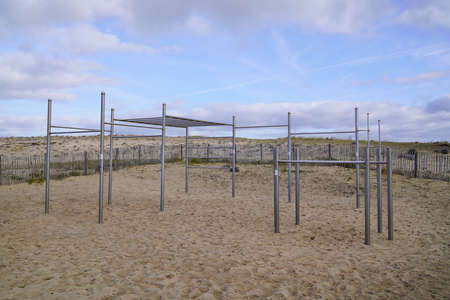 Free outdoor gym silver exercise stations in beach side outdoors gym equipment in park fitness area...