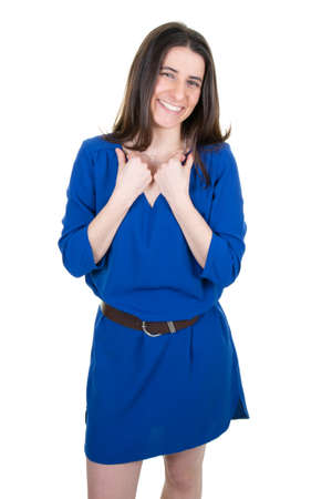 Happy young business woman in blue slim dress posing isolated over white backgroundの写真素材