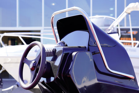 boats interior instrument panel and steering wheel of modern motor boat