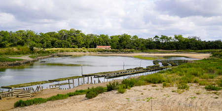 natural beach pool in oyster farm of atlantic ocean coast sea in Talmont France in panorama view