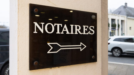 Bordeaux, Aquitaine France - 01 05 2021: Notaire sign text french board and arrow on wall notary officeのeditorial素材