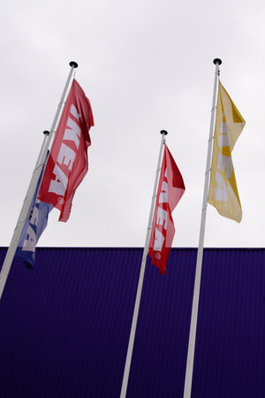 Bordeaux, Aquitaine France - 02 13 2021: Ikea sign brand shop and text logo on waving flags colorful